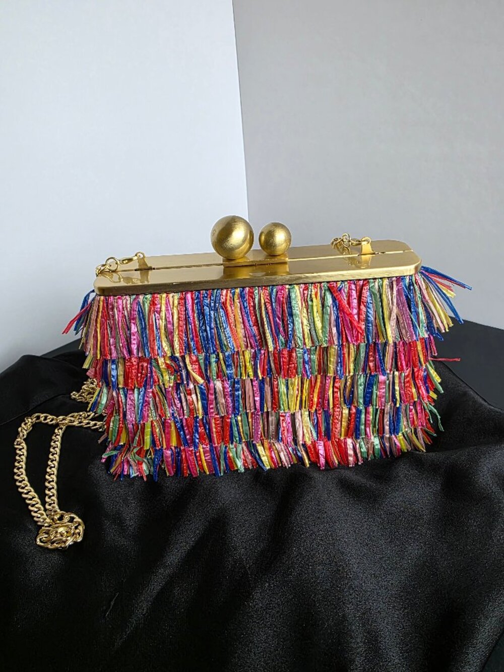 Olga Berg Carlita Carnivale Clutch Bag Multicolor Raffia Gold Frame Chain Strap